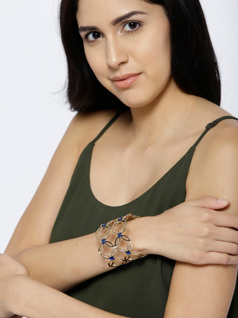 New York- Floral Motif 14k Gold Plated Cuff in Navy - ChicMela