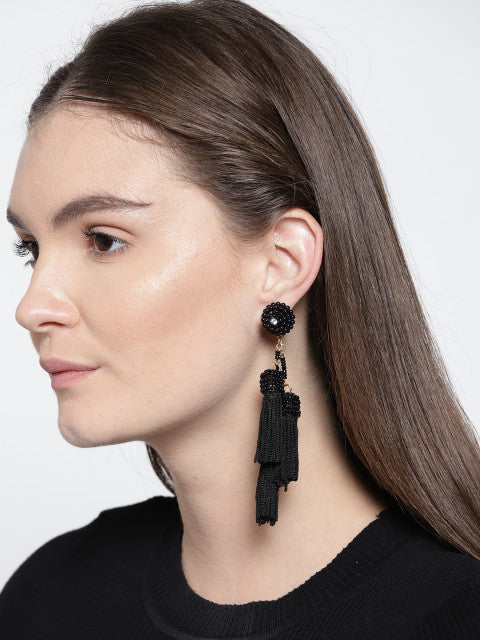 Kyra Tassel Black Earrings - ChicMela