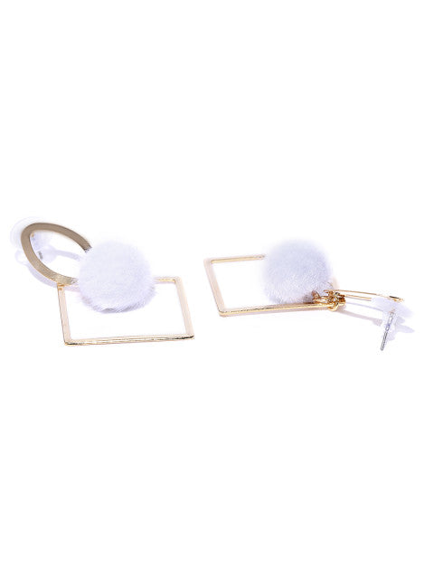 Geometric Pom Pom Earrings In White - ChicMela