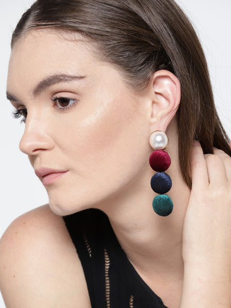 Pearl and Velvet Long Earrings-Multi Coloured - ChicMela