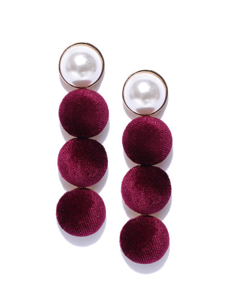 Pearl and Velvet Long Earrings-Maroon