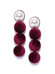 Pearl and Velvet Long Earrings-Maroon - ChicMela