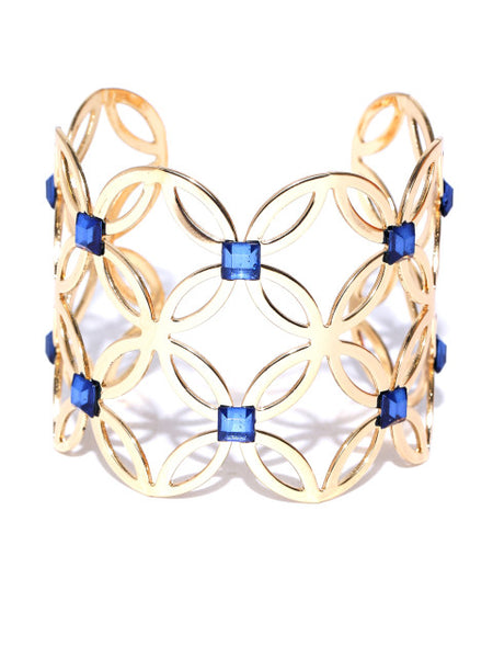 New York- Floral Motif 14k Gold Plated Cuff in Navy