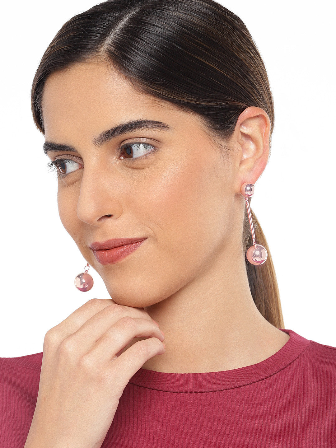 Rose Gold Linear Earrings with Metal Balls - ChicMela